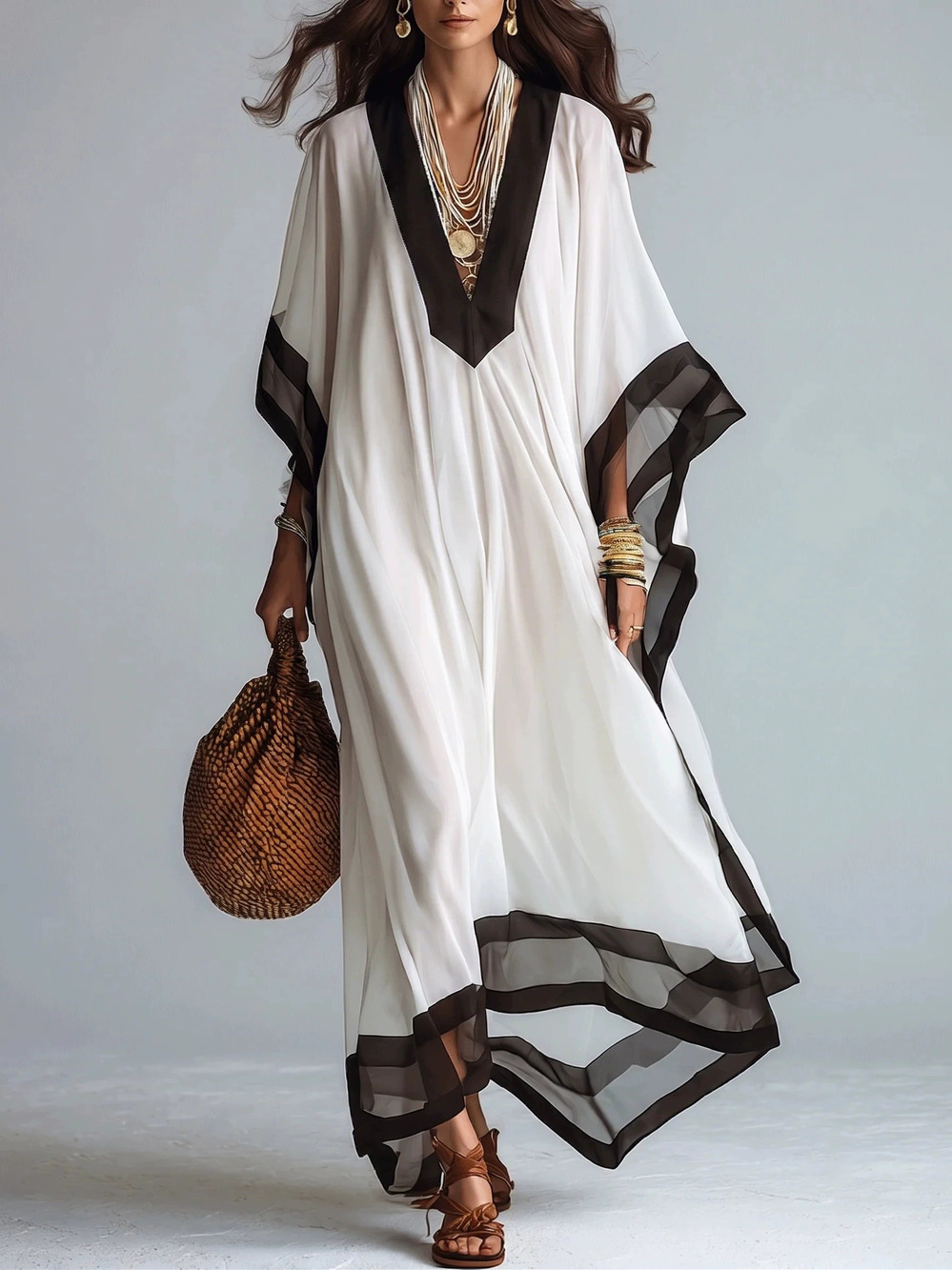 ZARA French Black White Batwing Sleeve Long Beach Dress